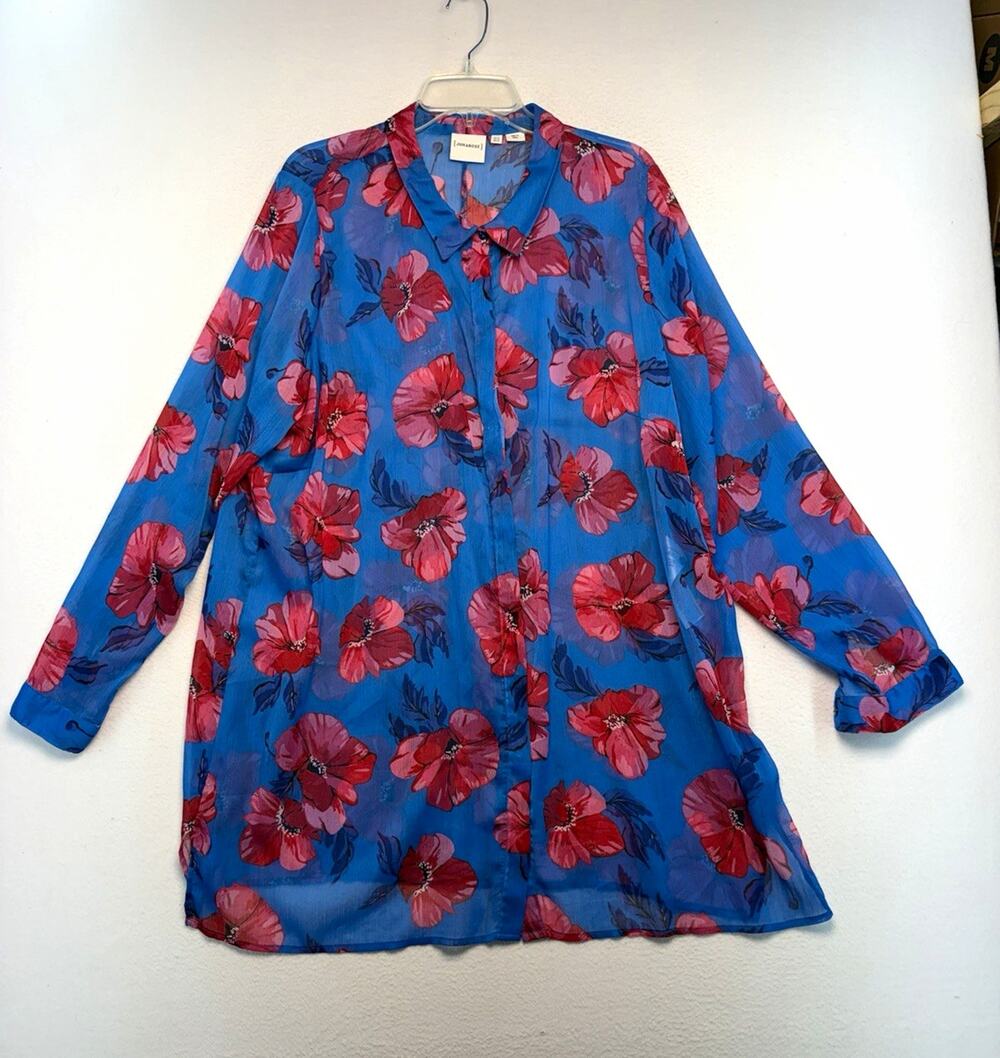 Junarose Blue Pink Floral Sheer Chiffon Button-Up Tunic Blouse 22 feminine